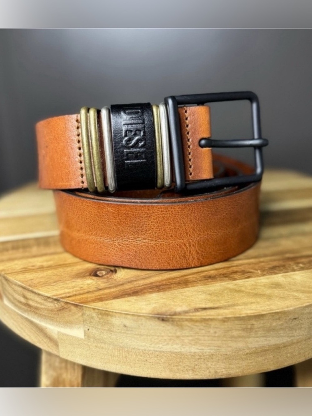 DIESEL Caramel Tan Leather Belt with Tri-Tone Buckle Accent | EU 95/US 38